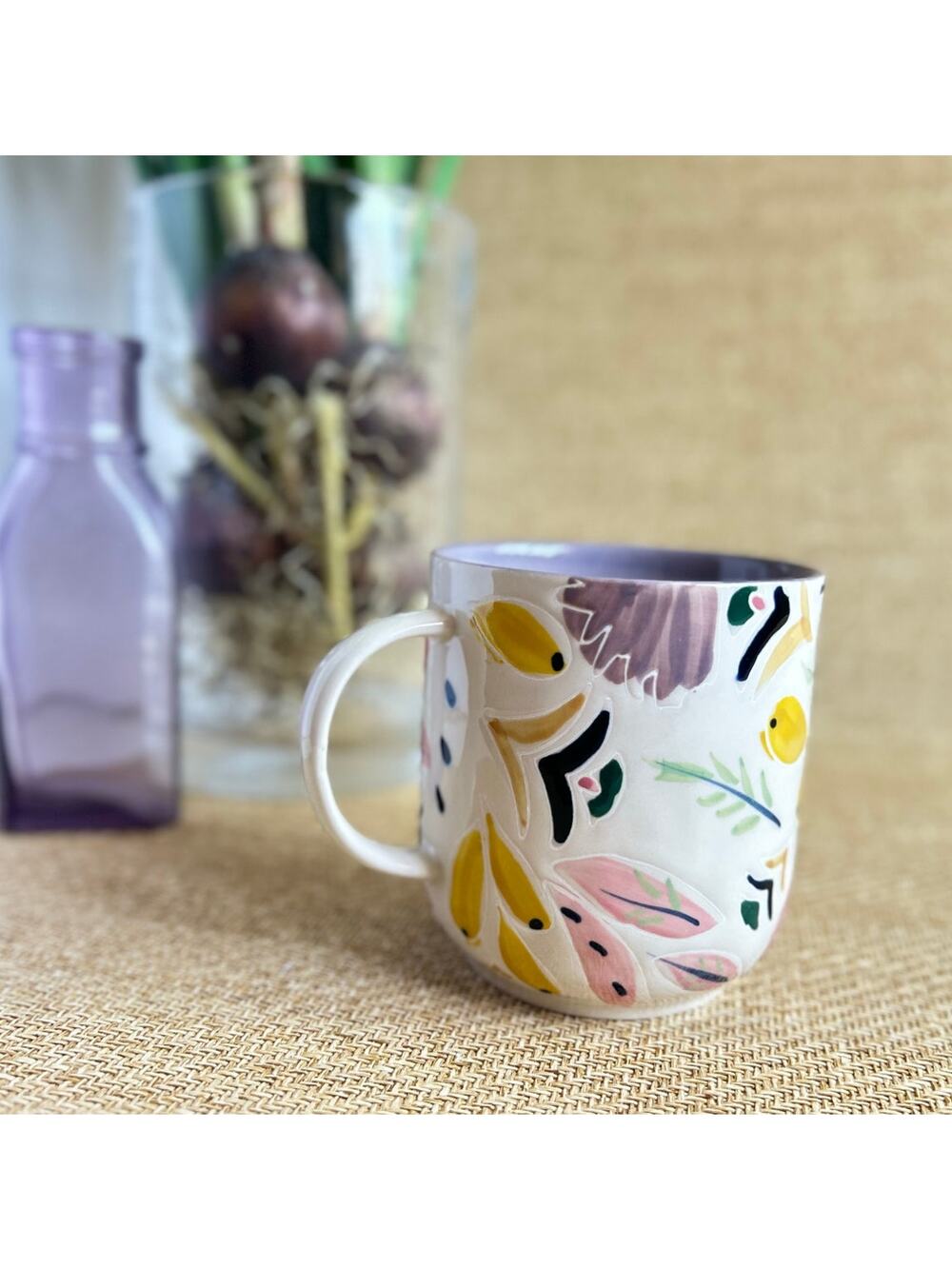 Anthropologie Home Colorful Abstract Floral Coffee Mug Purple Inside